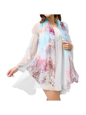 Women's Turquoise Fashion Lightweight Head Scarf Floral Print Chiffon Scarves